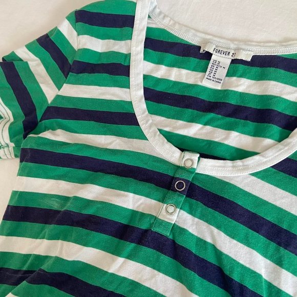 Forever 21 '80s Retro Green, Blue, White Striped Shirt - Picture 2 of 4